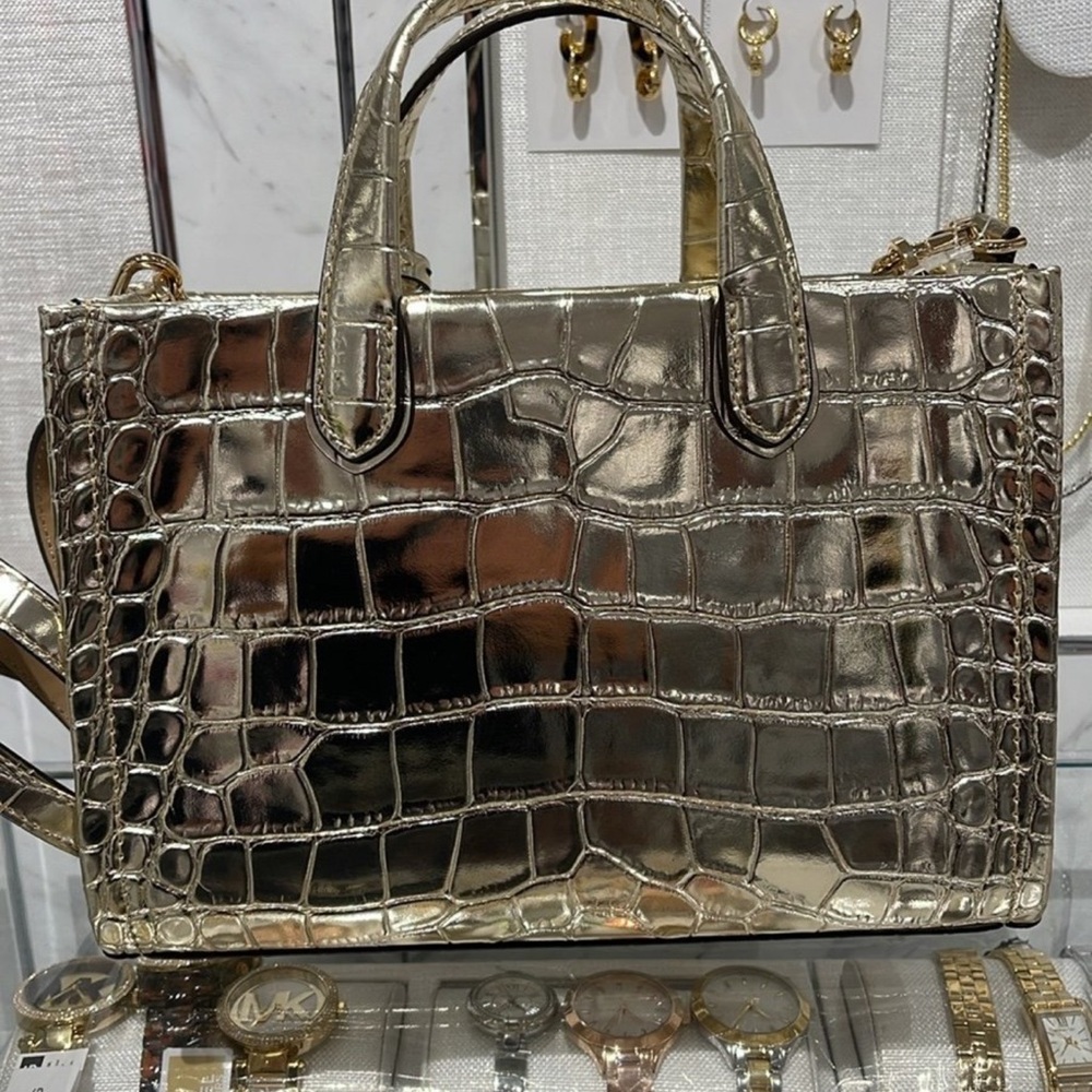 Michael Kors Gigi Small Metallic Crocodile Embossed Leather Messenger, Pale Gold - Picture 6 of 12